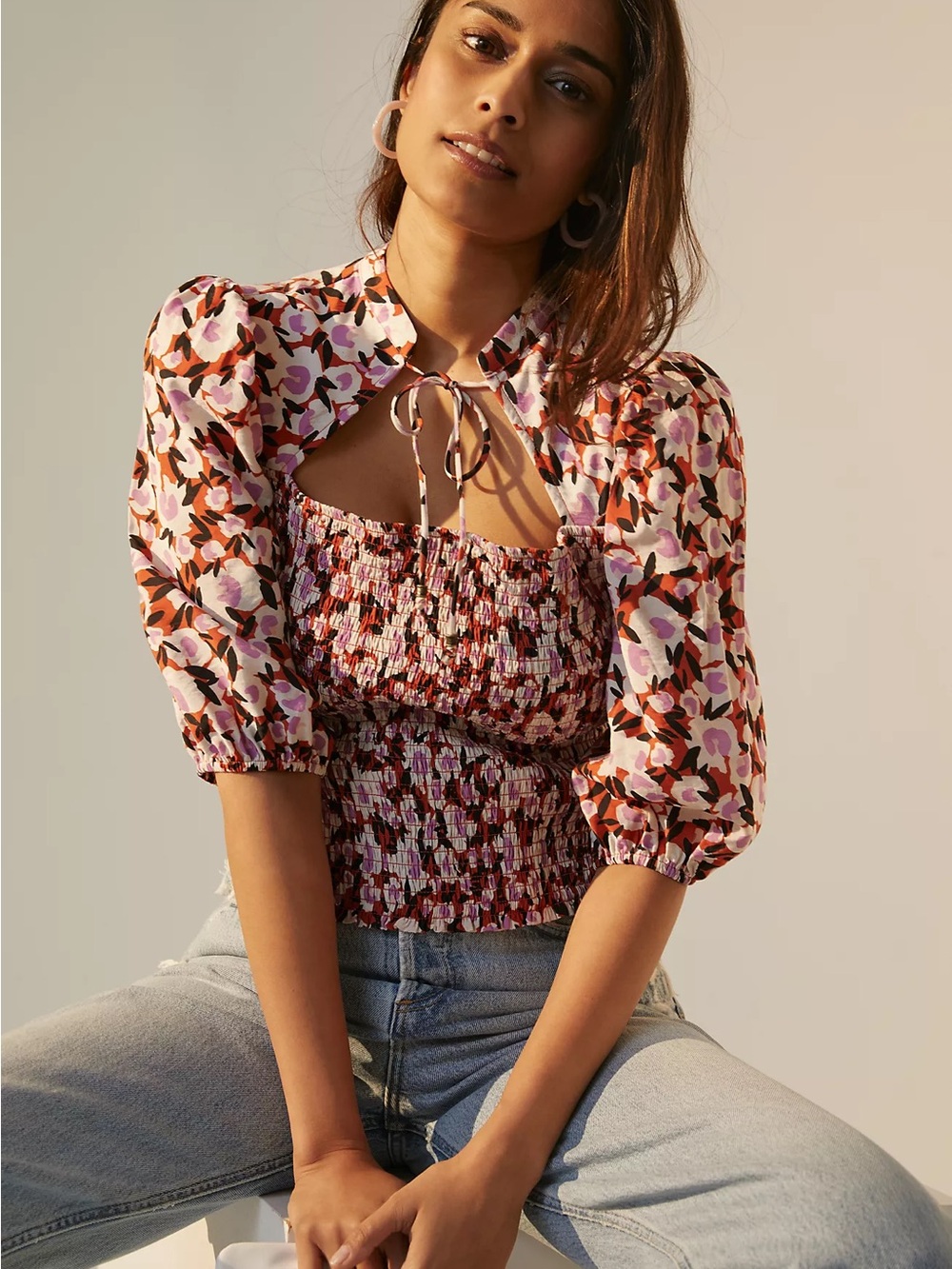 Maeve Floral Smocked Puff-Sleeve Top, NWOT, Small